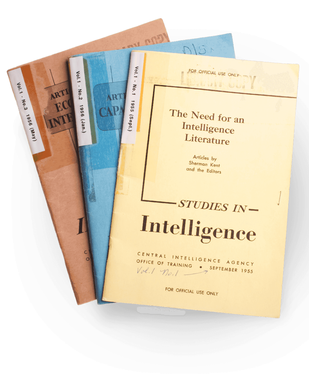 Various covers of The Studies in Intelligence publication from CIA's Center for the Study of Intelligence.