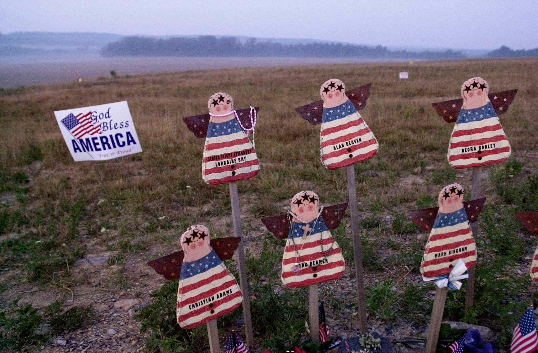 Photo of handcrafted angels at the original makeshift memorial overlooking the crash site in Shanksville, Pennsylvania in August 2002.